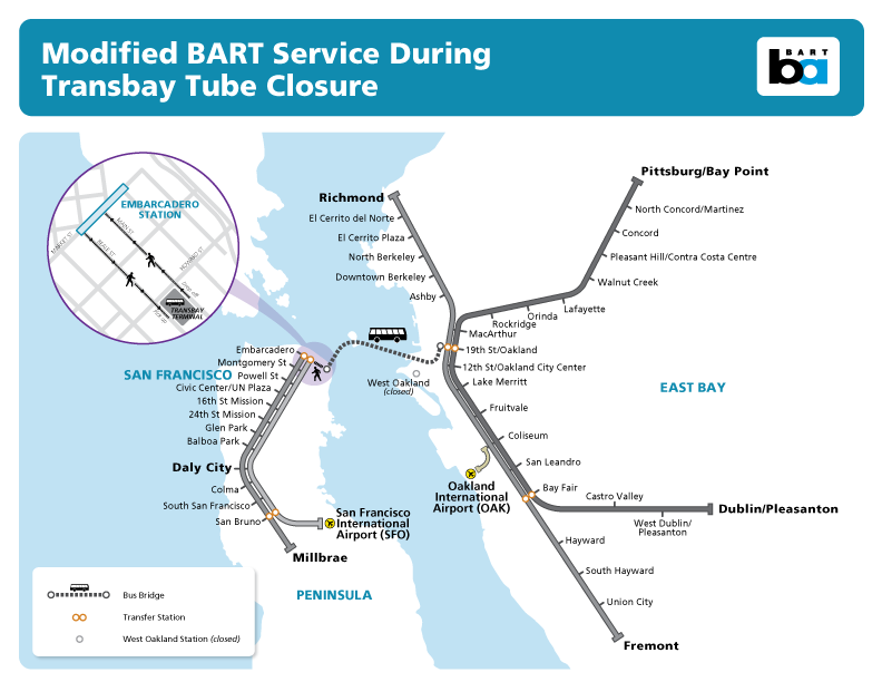 Map of service during transbay shutdown