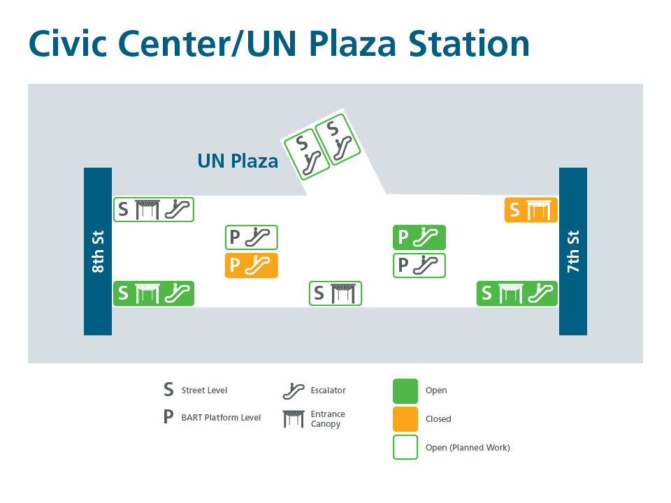 A map of Civic Center showing entrance status